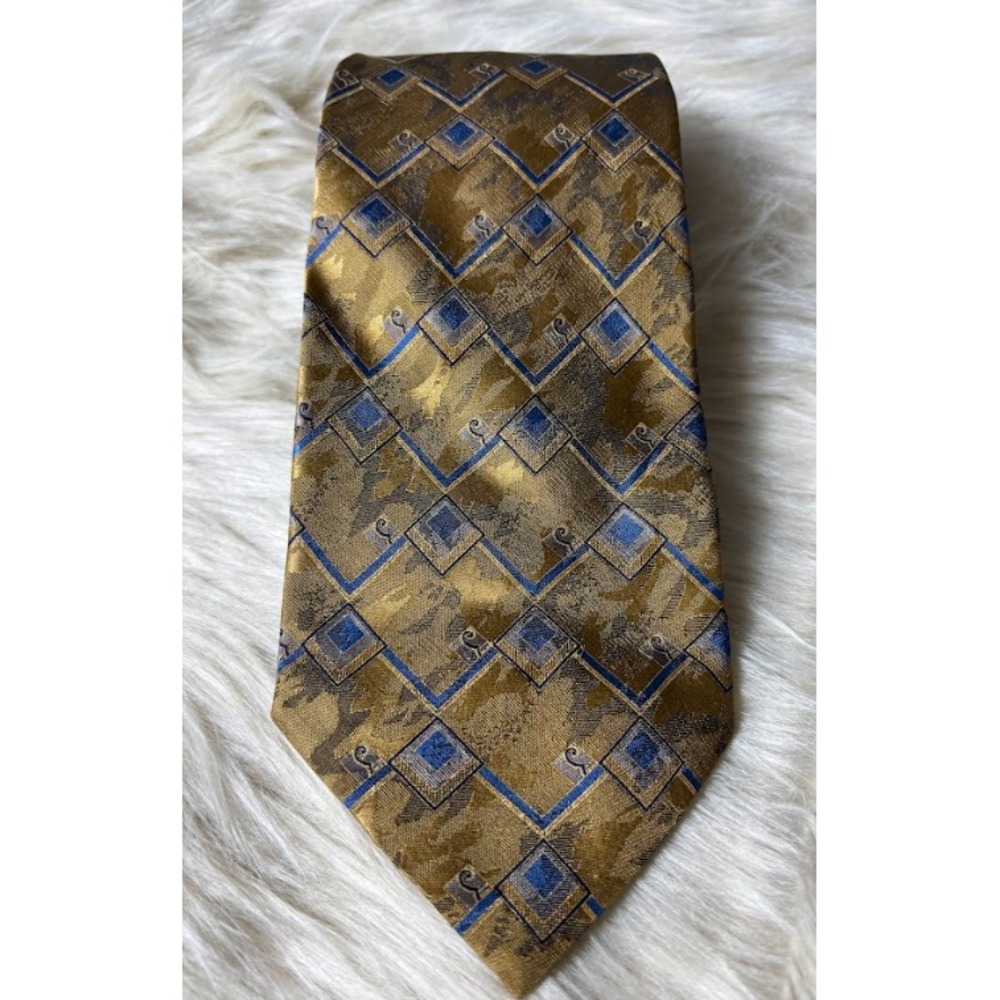 Zianetti Italian‎ Silk Tie Gold Blue Geometric Luxury Dress Mens Classic